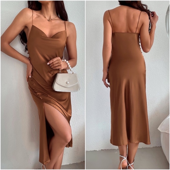 Boho Button Detail Slit Cami Midi Dress Teal Blue - Picture 5 of 8